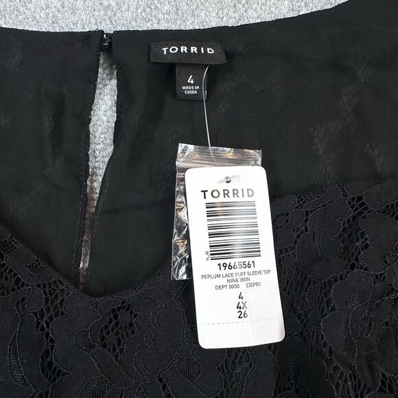 New Torrid Peplum Lace Puff Sleeve Top Size 4 Black Blouse Long Sleeve Plus - Picture 4 of 16